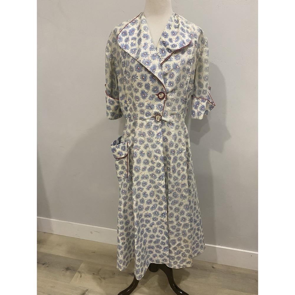 VTG 1940's Housecoat Dress Women's Size Medium Blue Floral Button Up